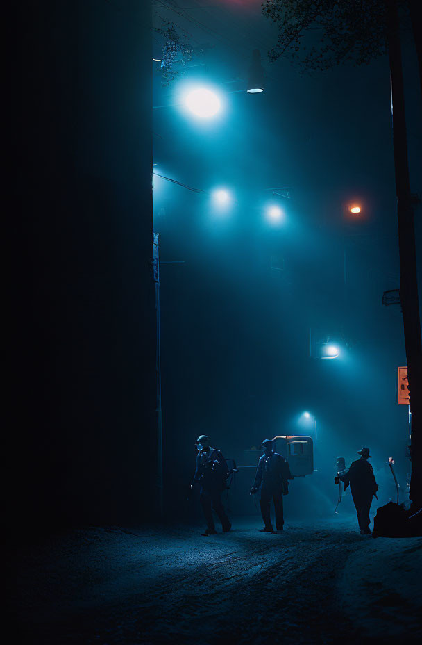 People silhouettes in foggy, dimly lit night street with blue and red lights