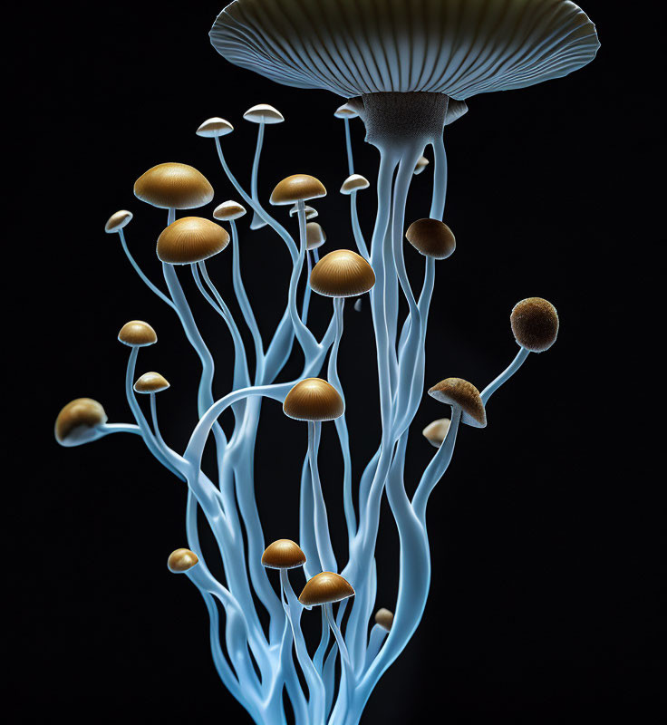 Stylized digital art of blue and brown mushrooms on black background