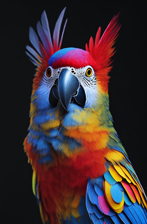 Colorful Scarlet Macaw with Blue and Yellow Feathers on Dark Background