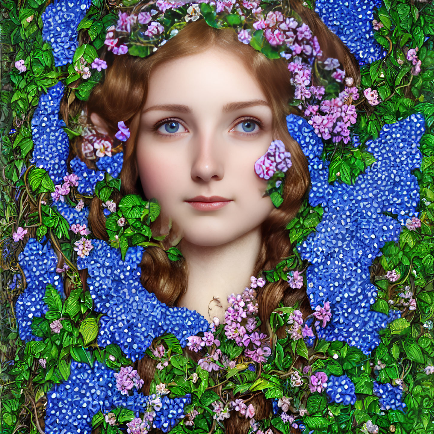 Portrait of woman with blue and pink flowers and green foliage