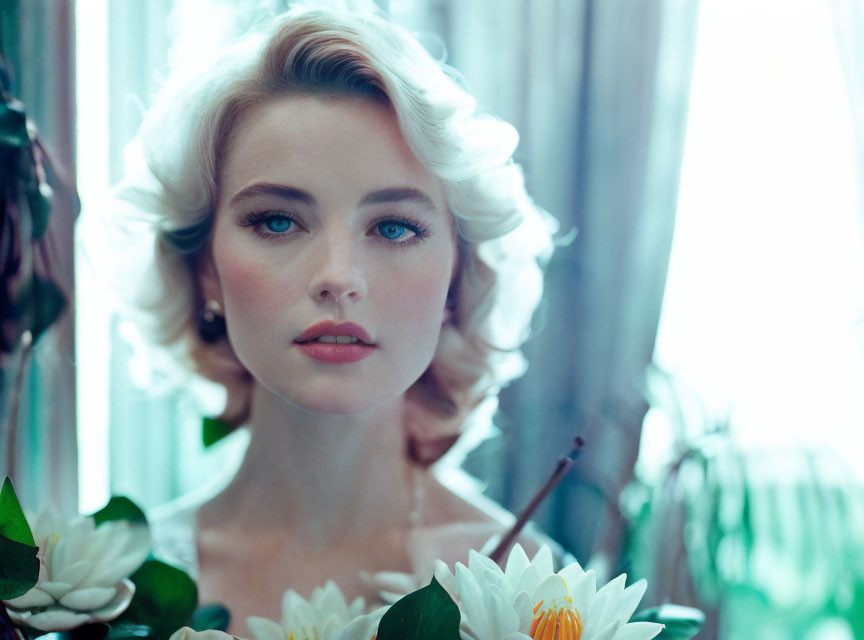 Blonde woman with blue eyes holding white flowers in pink outfit