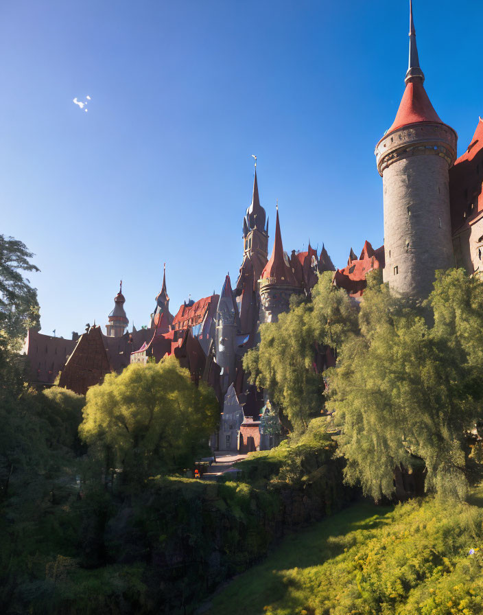 Majestic castle with red roofs and circular tower in lush green landscape