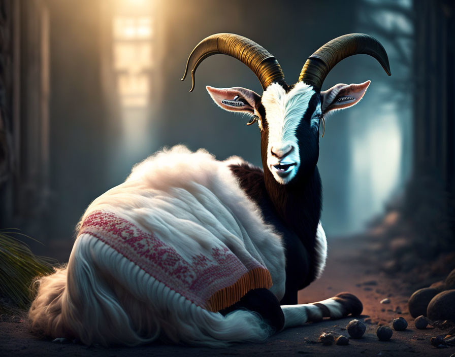 Goat with Large Curved Horns in Cozy Sweater in Moody Alley