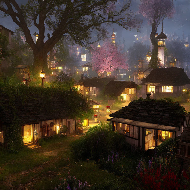 Charming village scene: thatched cottages, cherry trees, lanterns, distant tower