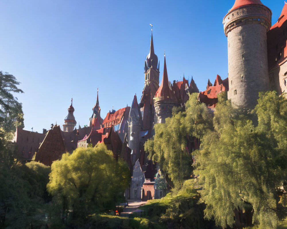 Majestic castle with red roofs and circular tower in lush green landscape