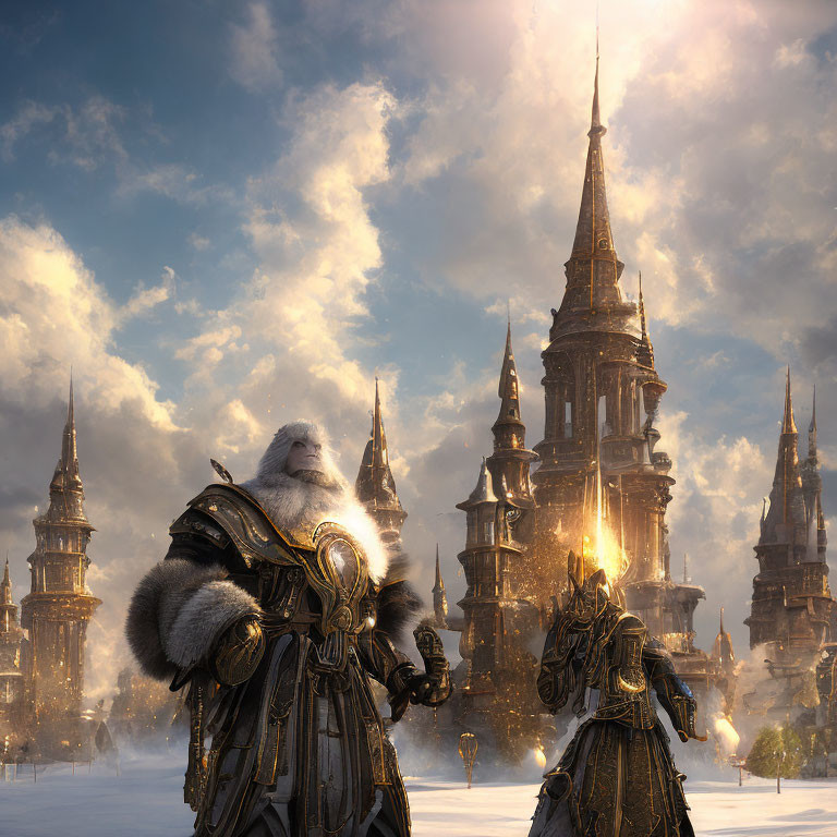 Cloaked figure in ornate armor gazes at majestic city with golden spires in fantasy scene