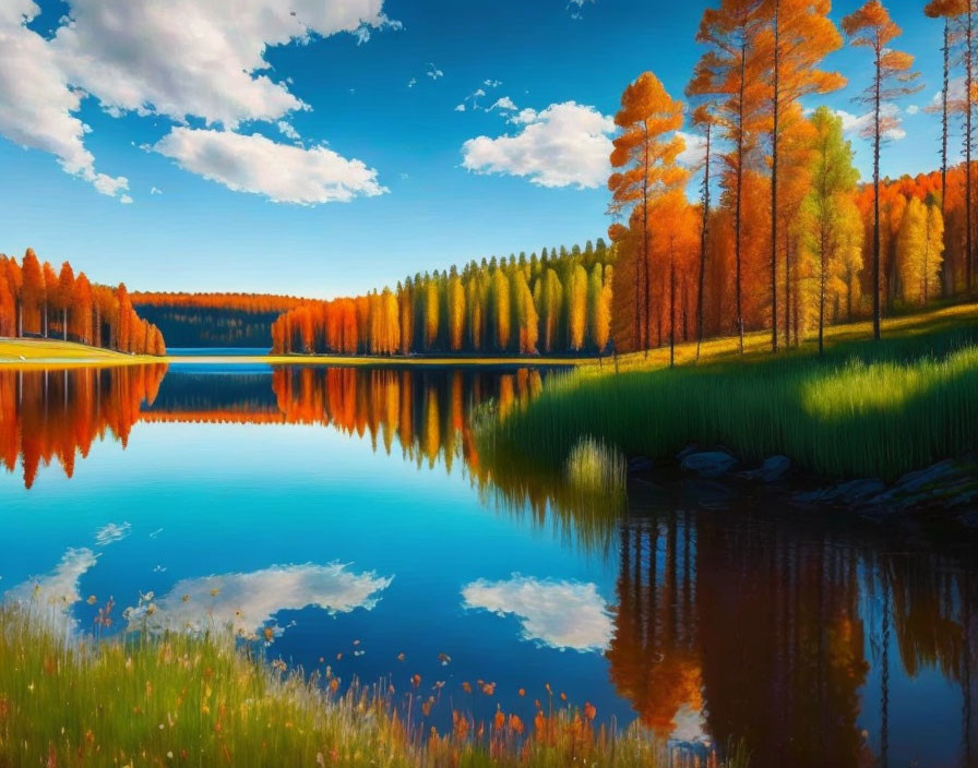 Colorful autumn trees reflected in calm lake under blue sky