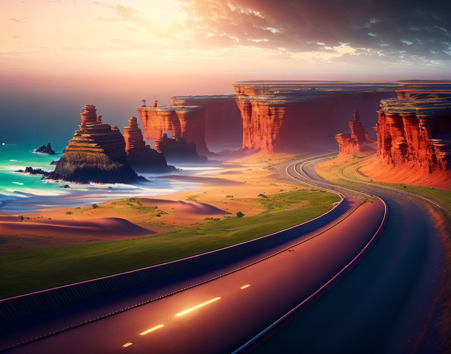 Scenic sunset view of winding road and sea cliffs