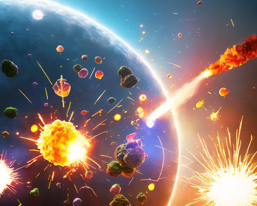 Colorful cosmic scene with Earth-like planet, asteroids, and fiery explosions in space