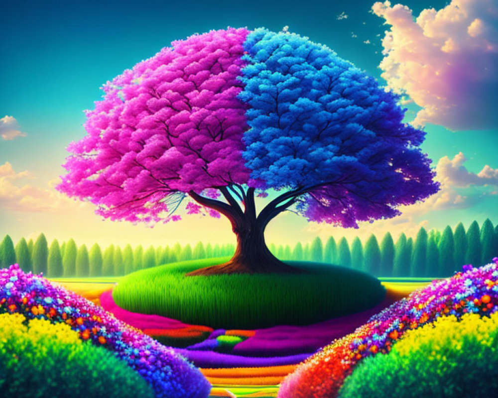 Multicolored tree and crescent moon in surreal landscape