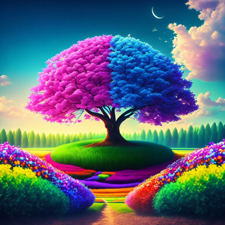 Multicolored tree and crescent moon in surreal landscape