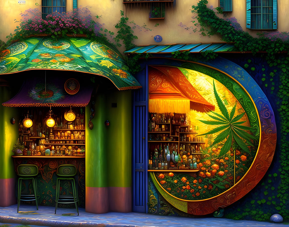 Colorful illustration of a cozy bar with circular door and street-side patio