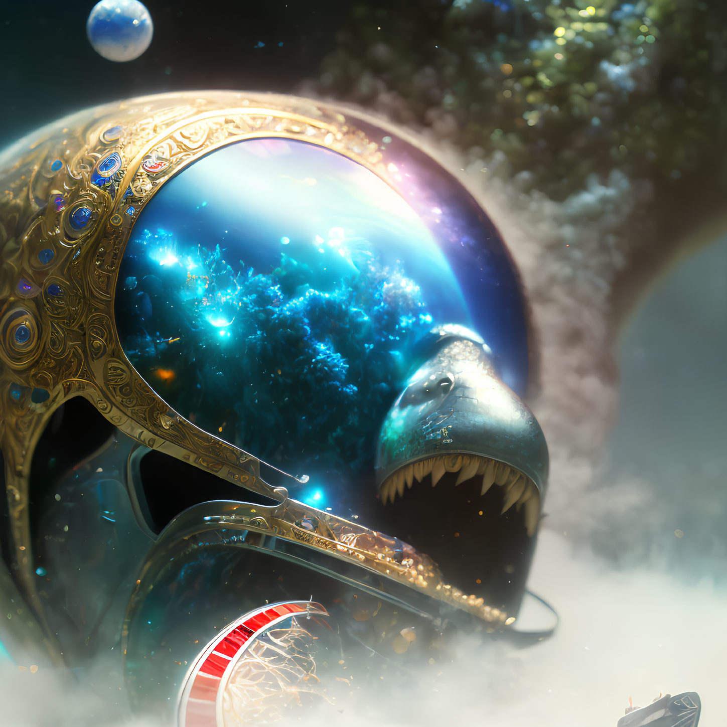 Ornate deep-sea diver helmet in surreal underwater universe