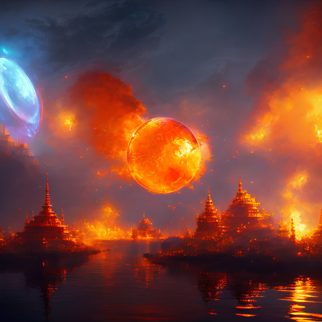 Fiery planet and celestial body over oriental cityscape in dramatic sky