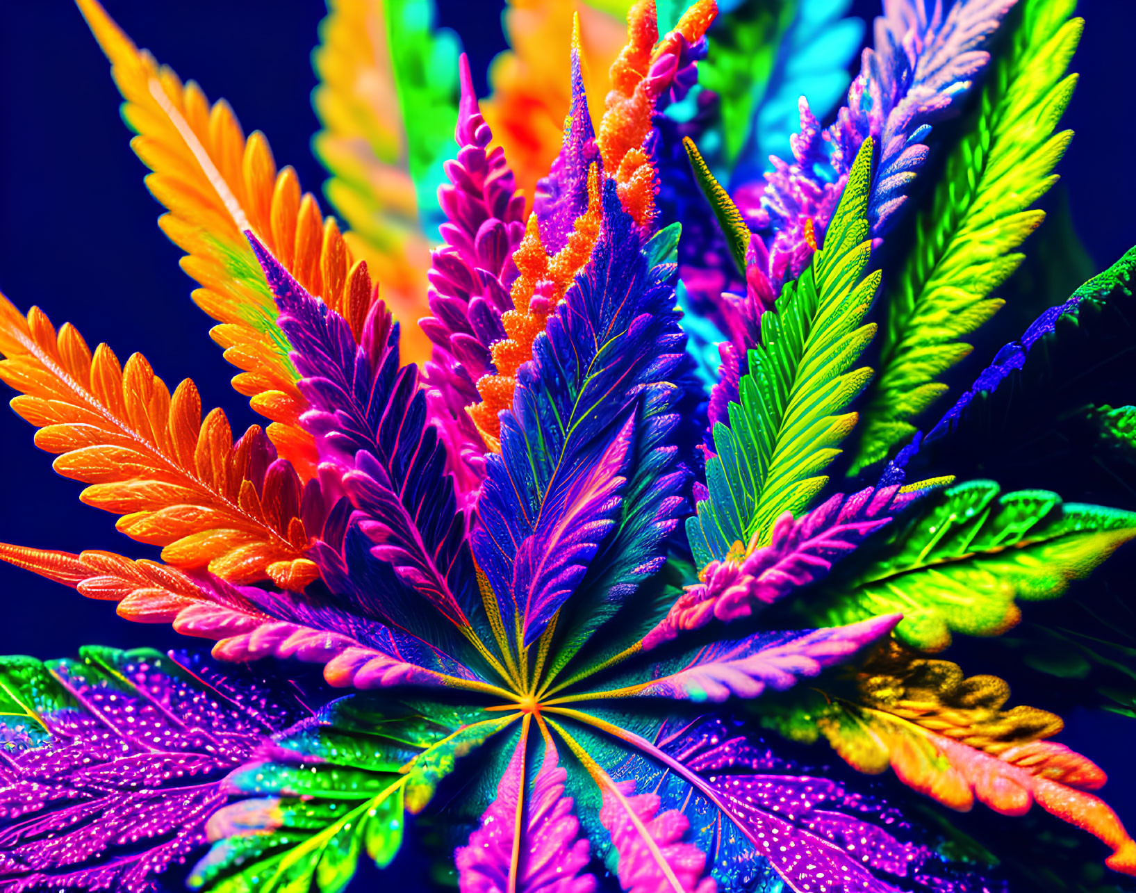 Colorful Cannabis Leaves in Purple, Orange, Green, and Yellow on Dark Background