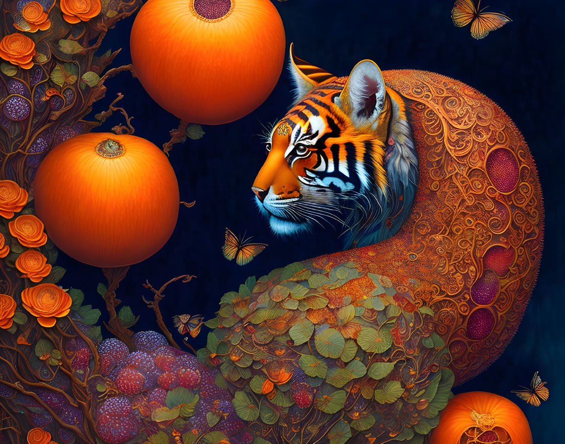 Colorful Tiger Artwork with Ornate Patterns and Autumnal Theme