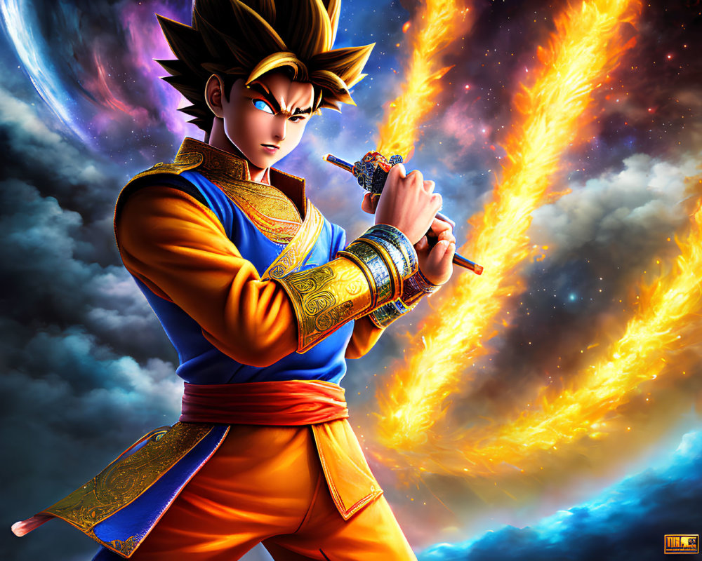 Spiky-haired animated character in blue and gold outfit with staff against cosmic backdrop.