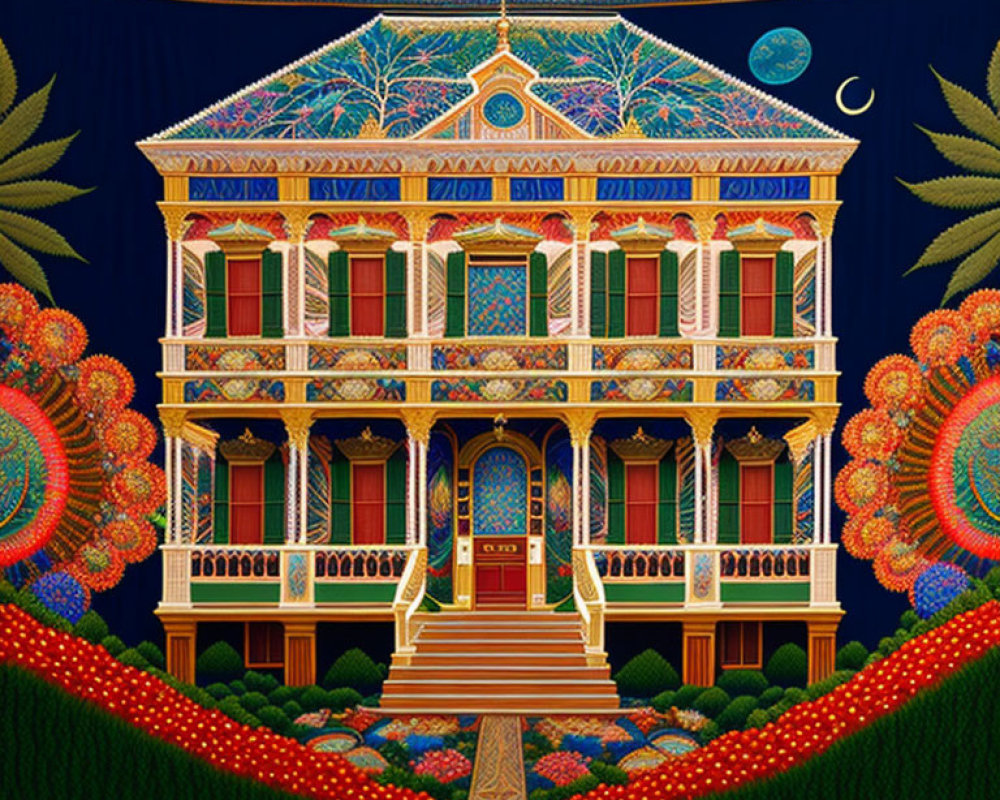 Colorful Victorian-style house embroidery on navy blue background