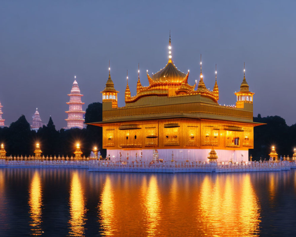 Traditional building reflecting on water at twilight with pagoda-style towers