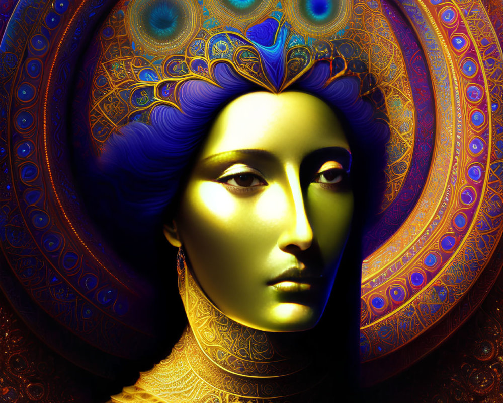 Colorful digital artwork: figure with golden skin, blue hair, peacock feather motifs, ornamental