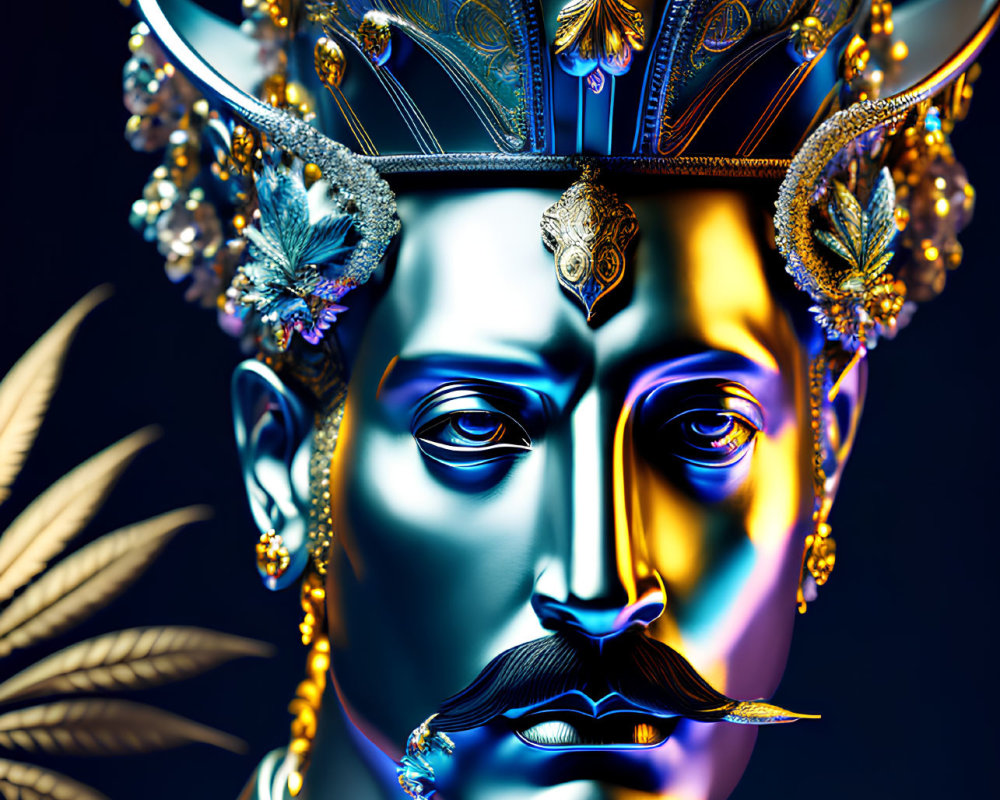 Royal Figure with Elaborate Golden Headwear and Jewelry on Dark Background