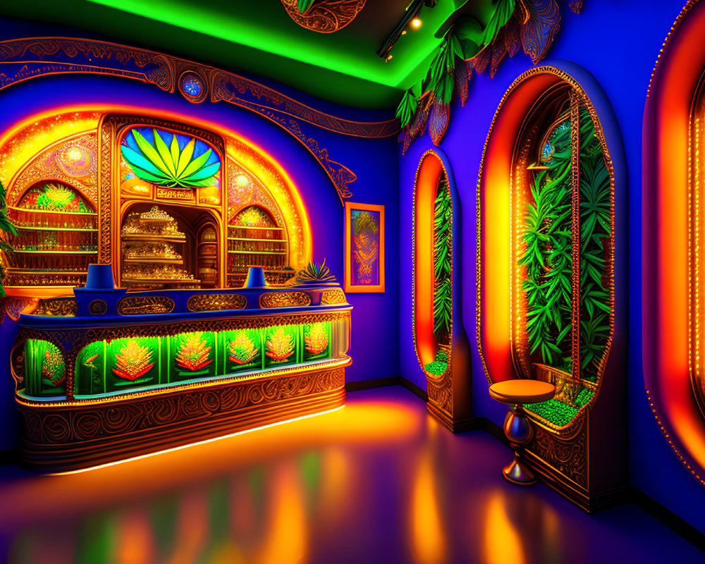 Ornate interior with illuminated archways and colorful lighting