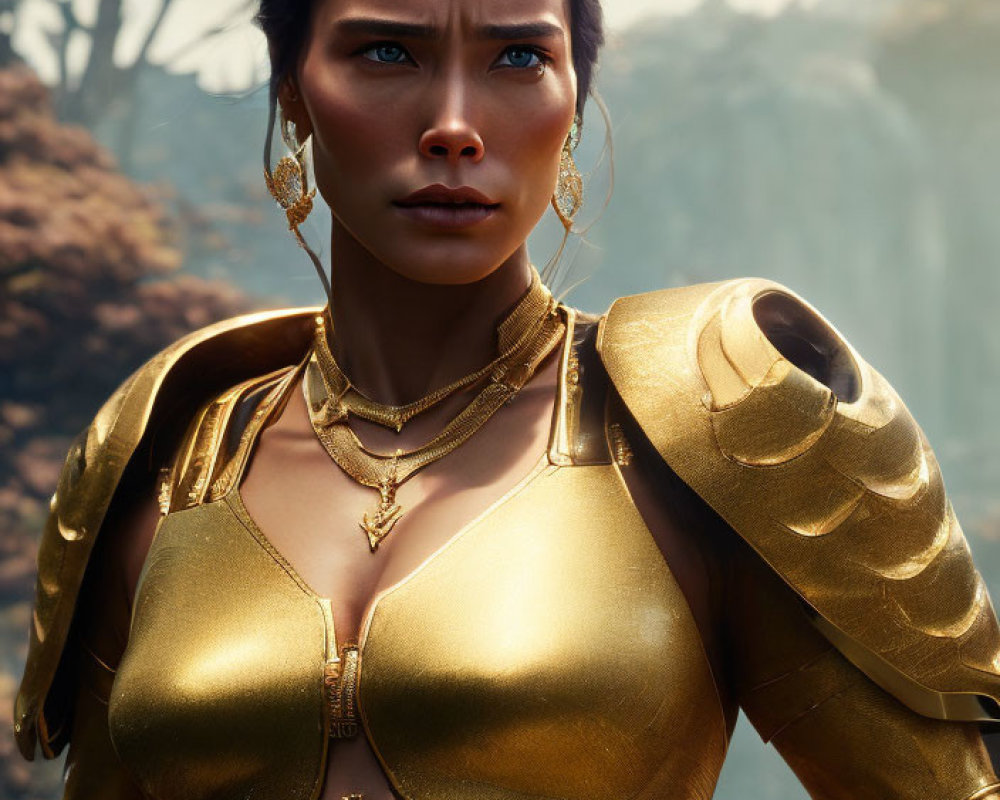 Digital artwork of woman in golden armor against natural backdrop