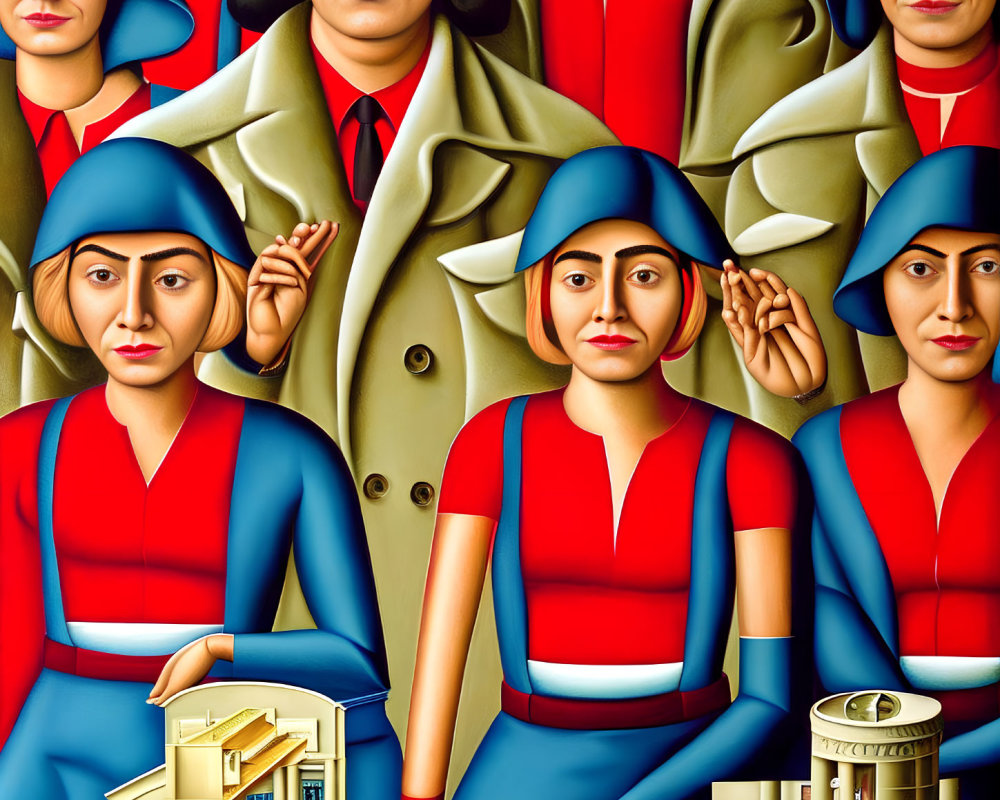 Stylized illustration of female figures in red and blue uniforms saluting with building and blueprints,