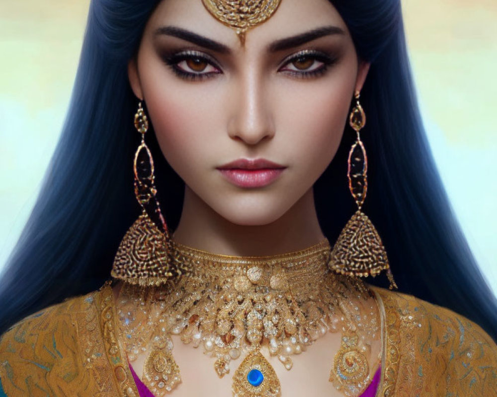 Dark-haired woman adorned in ornate gold jewelry against soft background