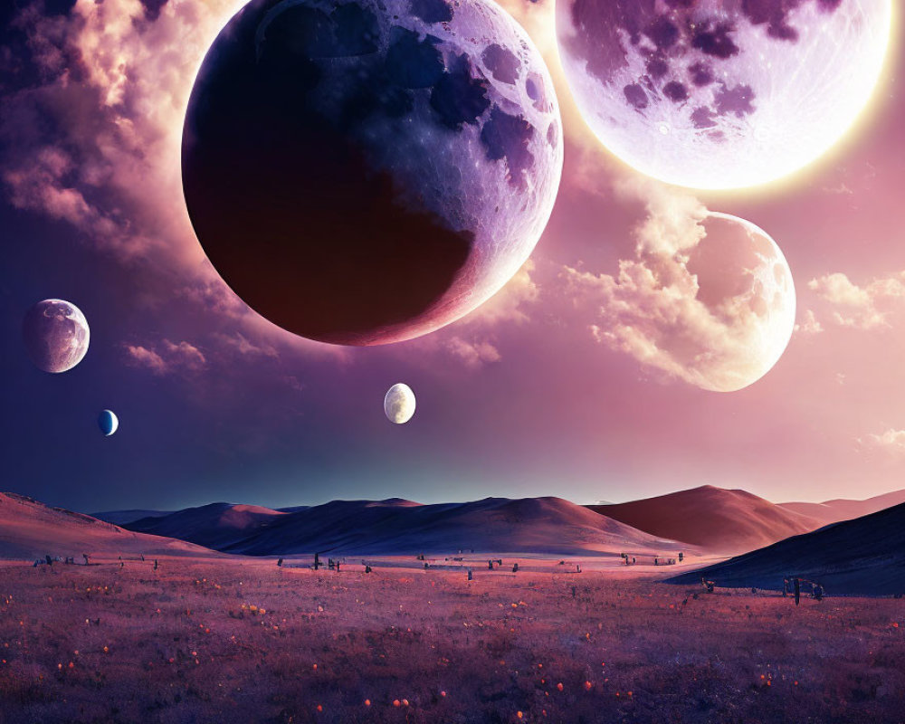 Surreal landscape with rolling hills and multiple moons at twilight