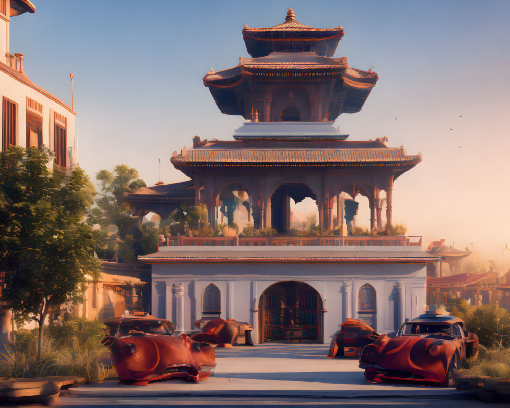 Traditional Asian Pagoda Amid Modern Buildings and Futuristic Vehicles at Sunrise