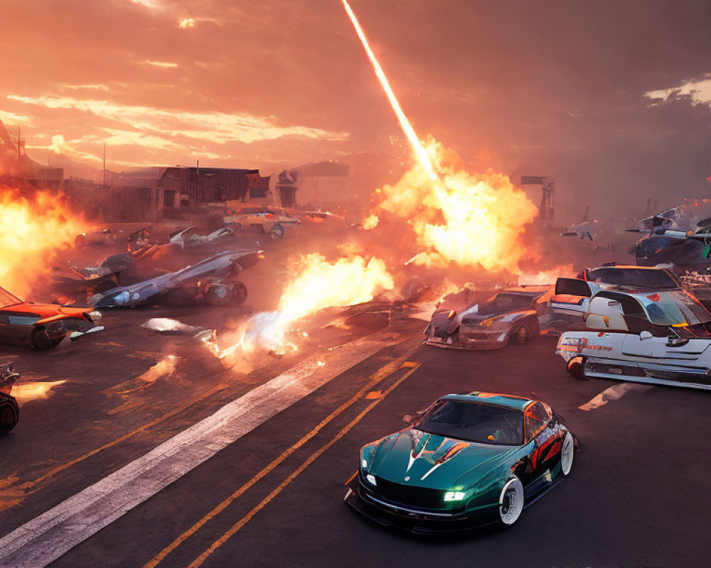 Chaotic runway race with exploding vehicles and laser beam at sunset