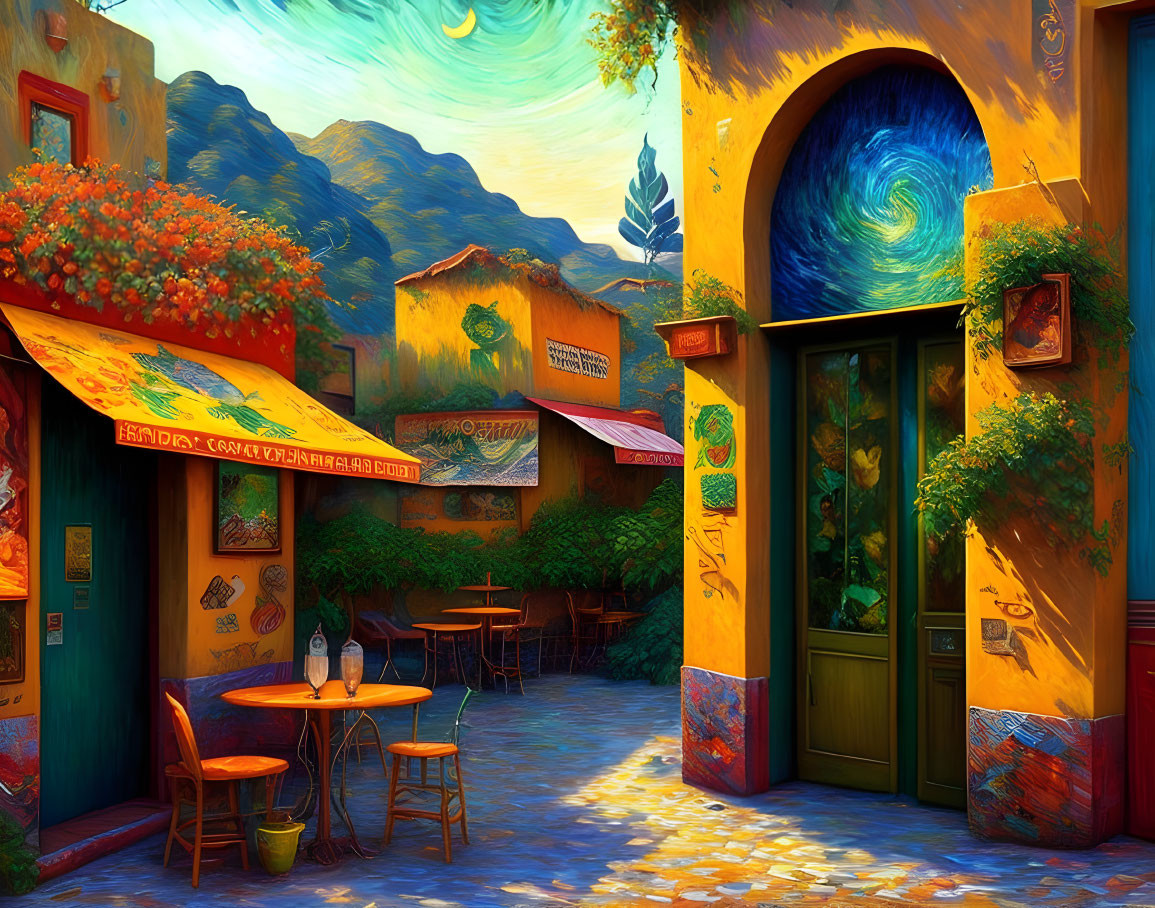 Colorful Street Scene with Café and Whimsical Sky Swirl