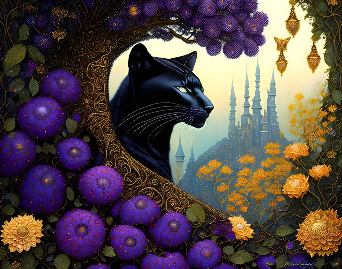 Illustration of black cat with glowing eyes in floral archway and fantasy castle.