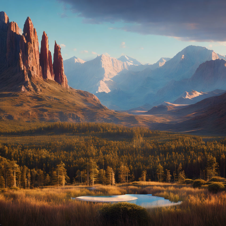 Tranquil Pond Surrounded by Red Rock Formations and Forest