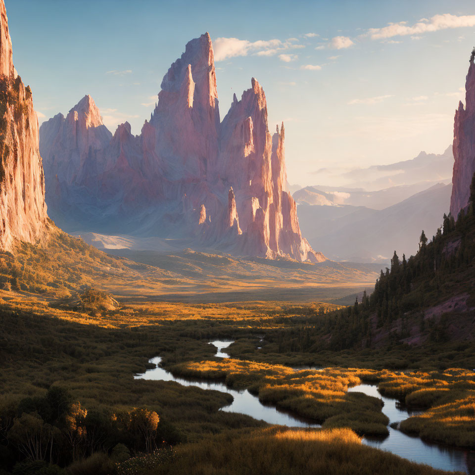 Tranquil River Landscape with Sunlit Mountains