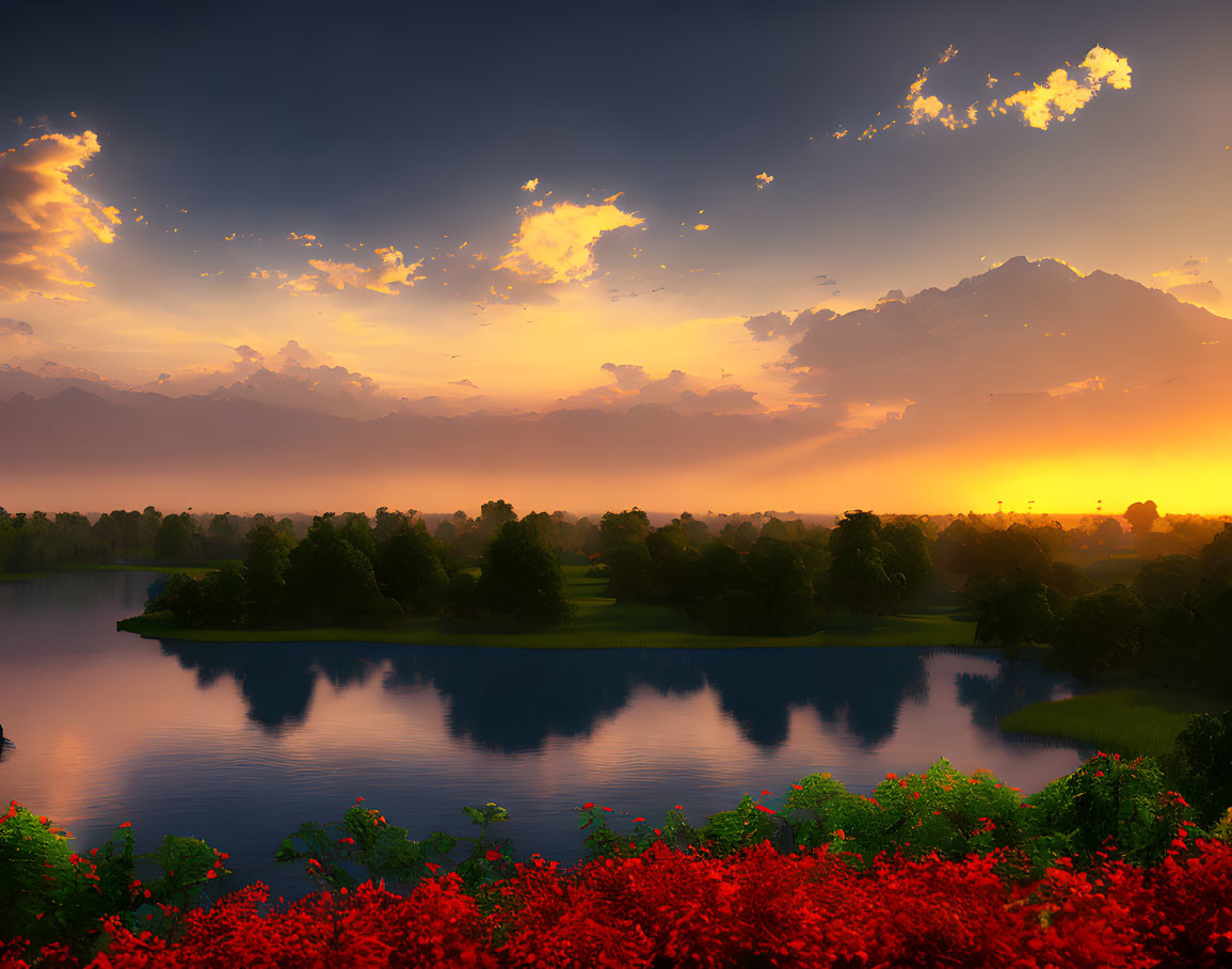 Tranquil Lake Sunset with Red Flowers and Mountains