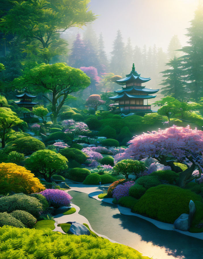 Japanese garden with cherry blossoms, stream, and pagodas