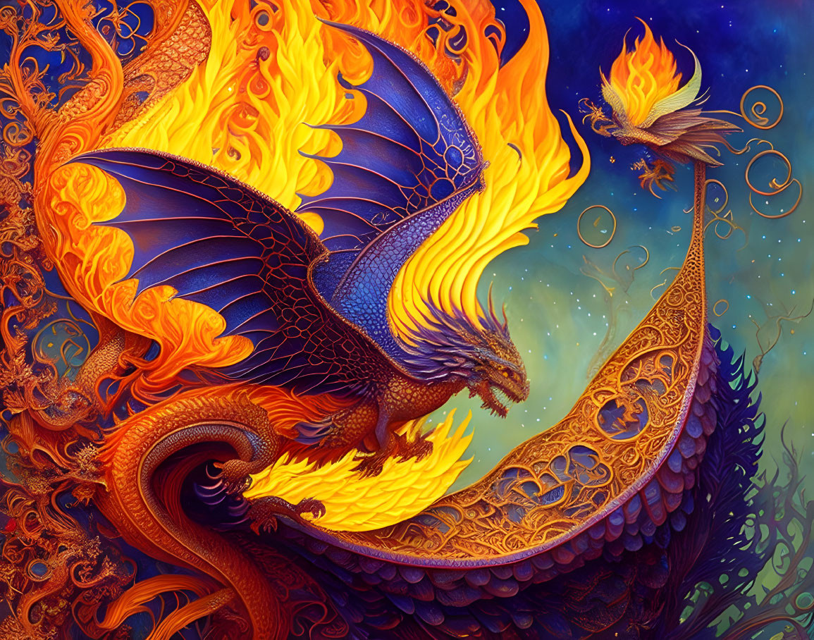 Colorful dragon illustration on swirling background.