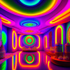 Colorful Psychedelic Interior with Neon Patterns and Reflective Surfaces