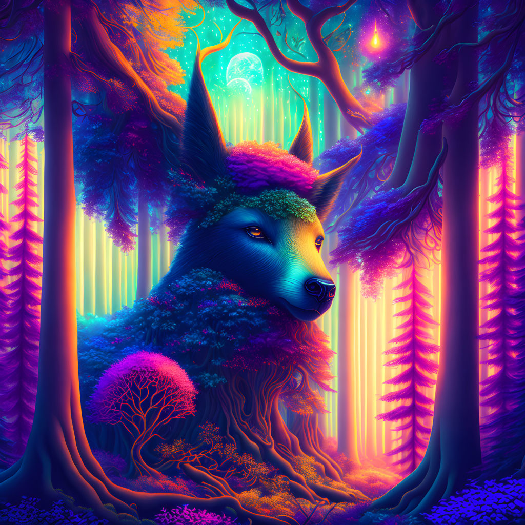 Mystical forest with vibrant trees and glowing lights, ethereal wolf's head blending with enchanted woods