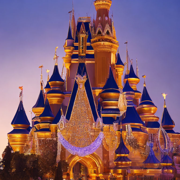 Majestic castle with golden spires and blue rooftops at twilight