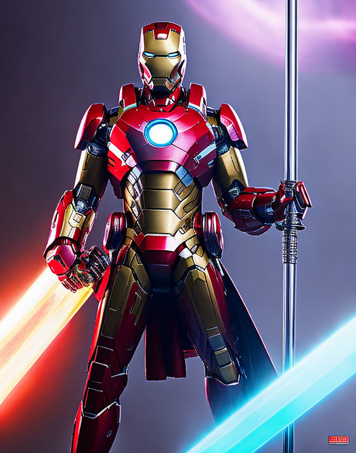 Glowing Iron Man suit with chest reactor and laser beam on purple background