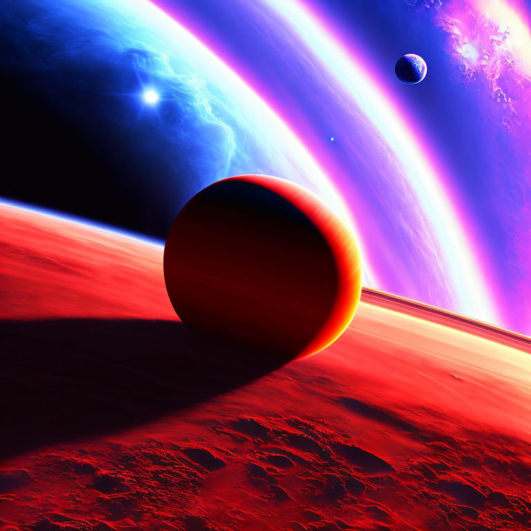 Colorful space scene with red planet, purple nebula, and celestial bodies in starry cosmos