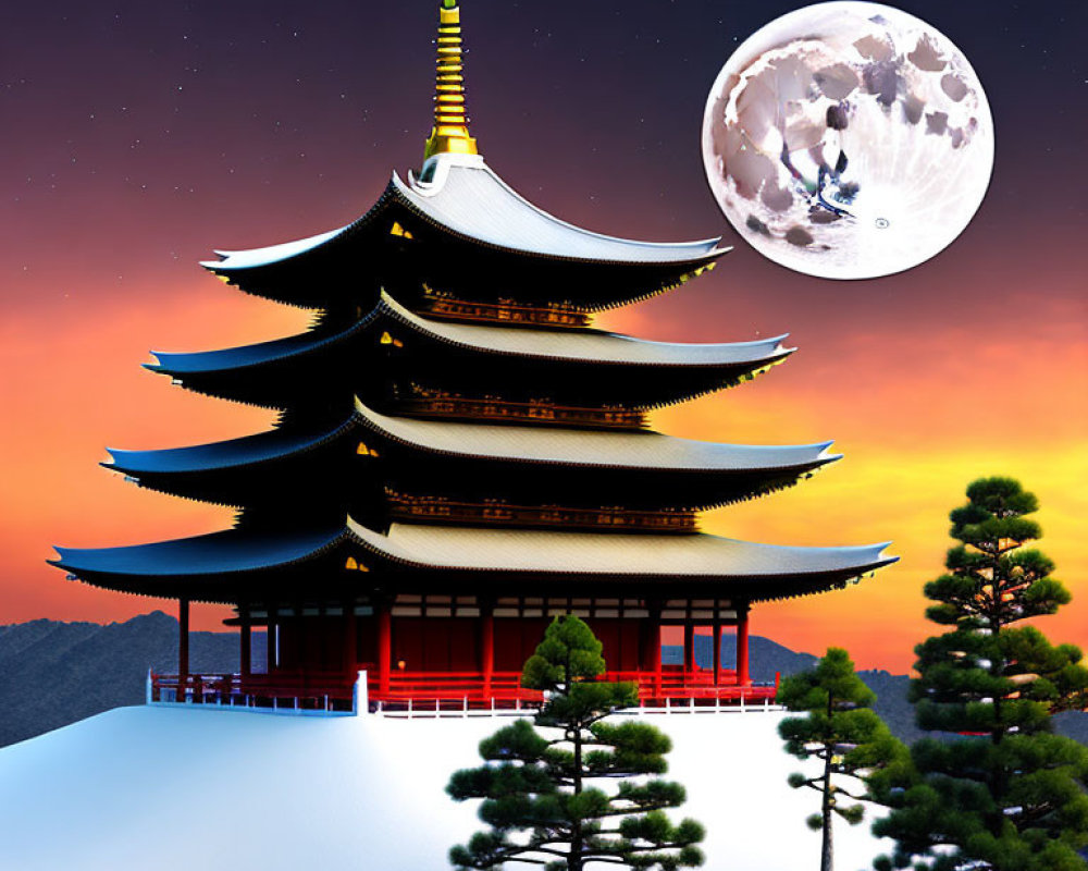 Traditional multi-tiered pagoda near pine trees under vibrant sunset sky & full moon.