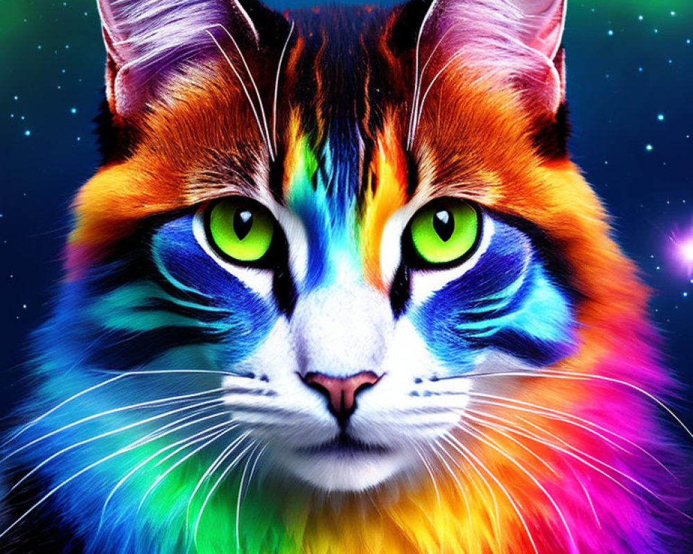 Colorful Cat Artwork with Green Eyes on Cosmic Background