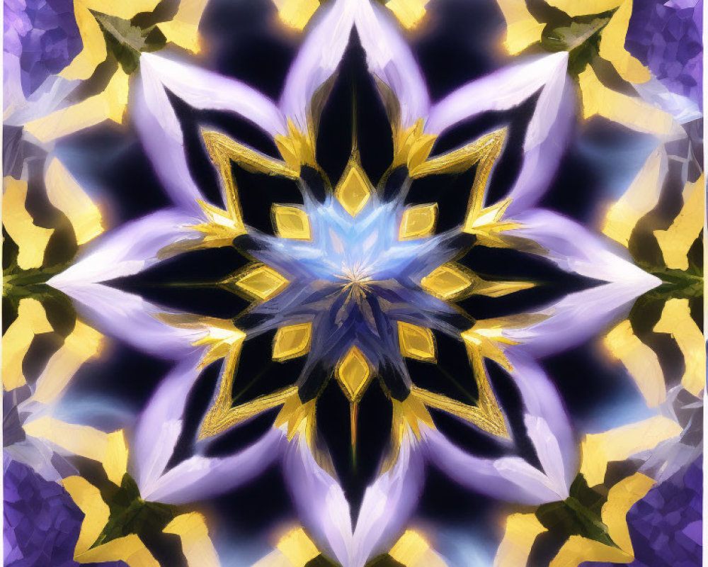 Symmetrical Kaleidoscopic Pattern with Star-Like Design in Purple, Yellow, and Blue