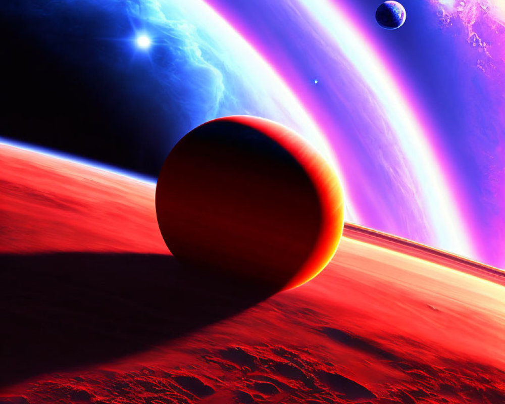 Colorful space scene with red planet, purple nebula, and celestial bodies in starry cosmos