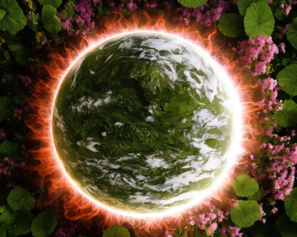 Colorful illustration of miniature green earth surrounded by fiery orange glow in nature setting