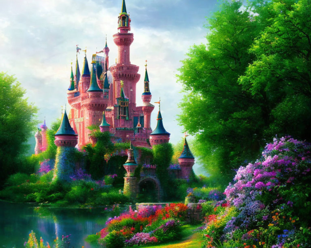 Fairytale castle surrounded by lush greenery and colorful flowers